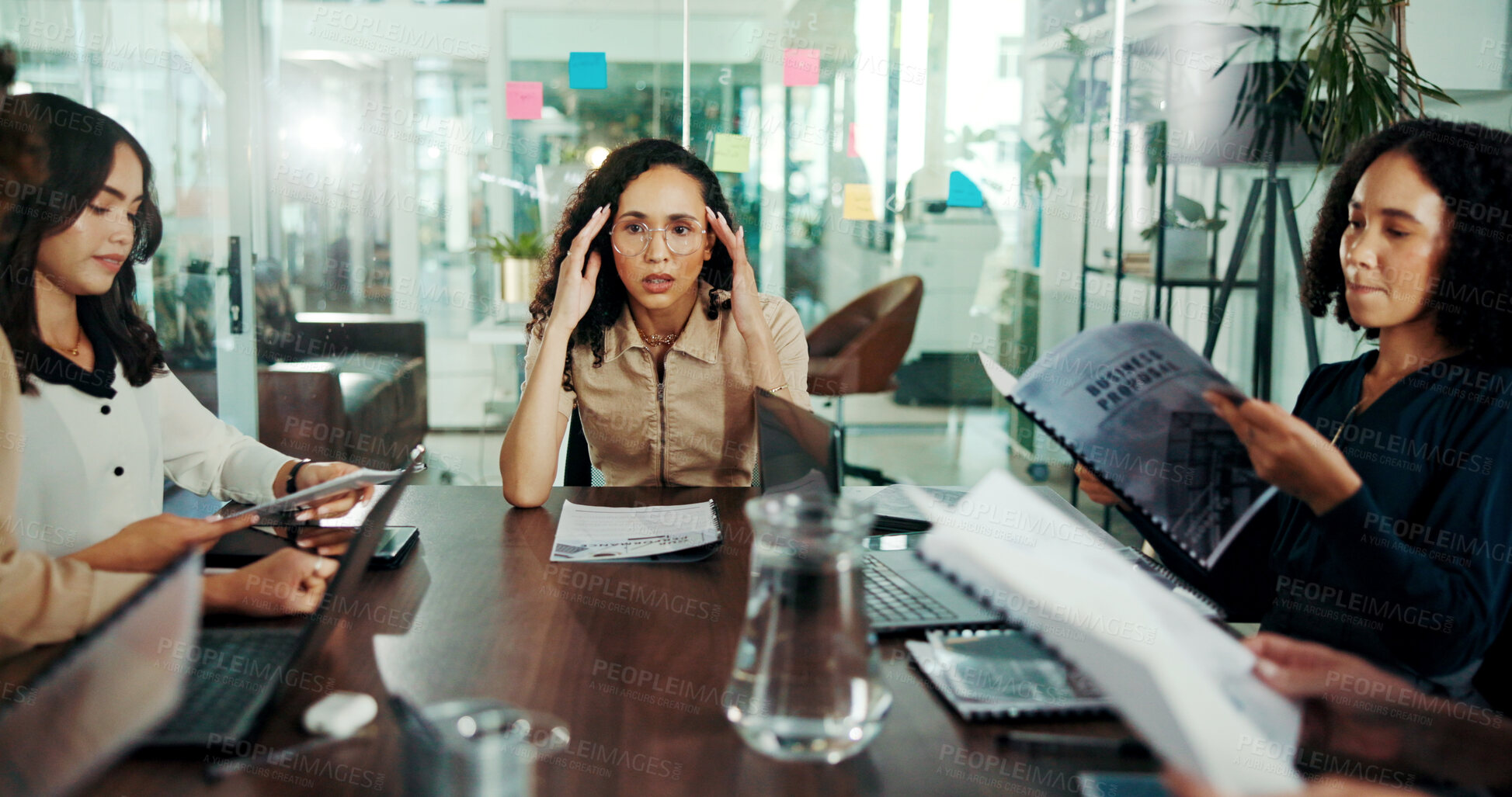 Buy stock photo Stress, overworked and headache with business woman in meeting for deadline, anxiety and frustrated. Fatigue, burnout and chaos with people in office for proposal mistake, overwhelmed and policy 