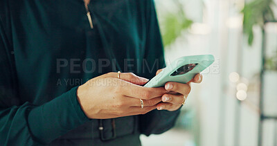 Buy stock photo Phone, typing and hands of business woman in office for account manager, financial advisor and stock market news. Communication, app and search with closeup of person in corporate firm for update