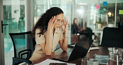 Buy stock photo Frustrated woman, laptop and headache with stress for mistake, bankruptcy or financial crisis at office. Tired, female person or employee with migraine on computer for strain, pressure or deadline