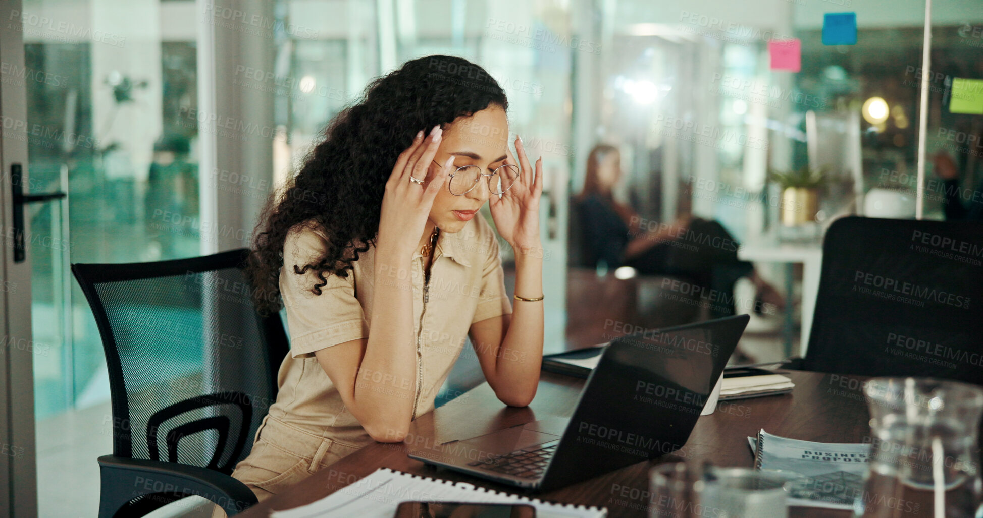 Buy stock photo Frustrated woman, laptop and headache with stress for mistake, bankruptcy or financial crisis at office. Tired, female person or employee with migraine on computer for strain, pressure or deadline