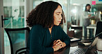 Business, woman and laptop in office with reading market research for social media campaign and brand awareness. Creative agency, marketing influencer or online for planning product promotion at desk