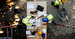 Blueprint, construction and men at table with planning, collaboration and site inspection paperwork from above. Architect, building team and contractor with layout, pointing and project management