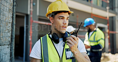 Buy stock photo Construction site, engineering and man with radio, communication and building development. Employees, coworkers and management for renovation, conversation and safety with helmet and architecture