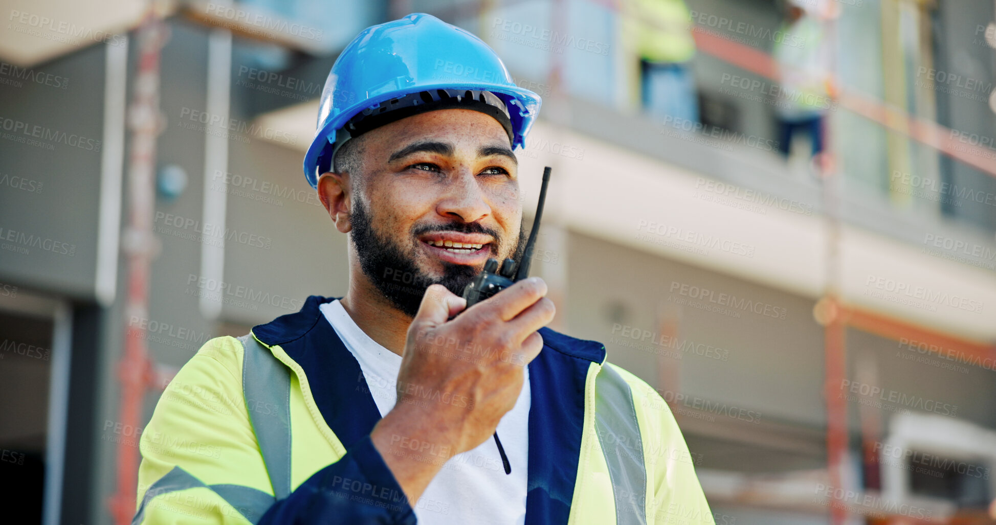 Buy stock photo Construction site, engineering and man with radio, architecture and building development. Inspector. supervisor and management for renovation, conversation and safety with hard hat and productivity