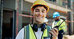 Construction site, engineering and man with radio, portrait and building development. Employees, architecture and coworkers for renovation, conversation and safety with helmet and communication