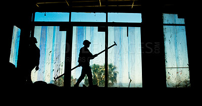 Buy stock photo People, tools and silhouette on construction site for urban development, engineering or renovation. Industry team, shadow or project working with communication, process or property development