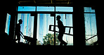 People, ladder and silhouette on construction site for urban development, engineering or renovation. Industry team, shadow or project with cooperation, process or property development with tools