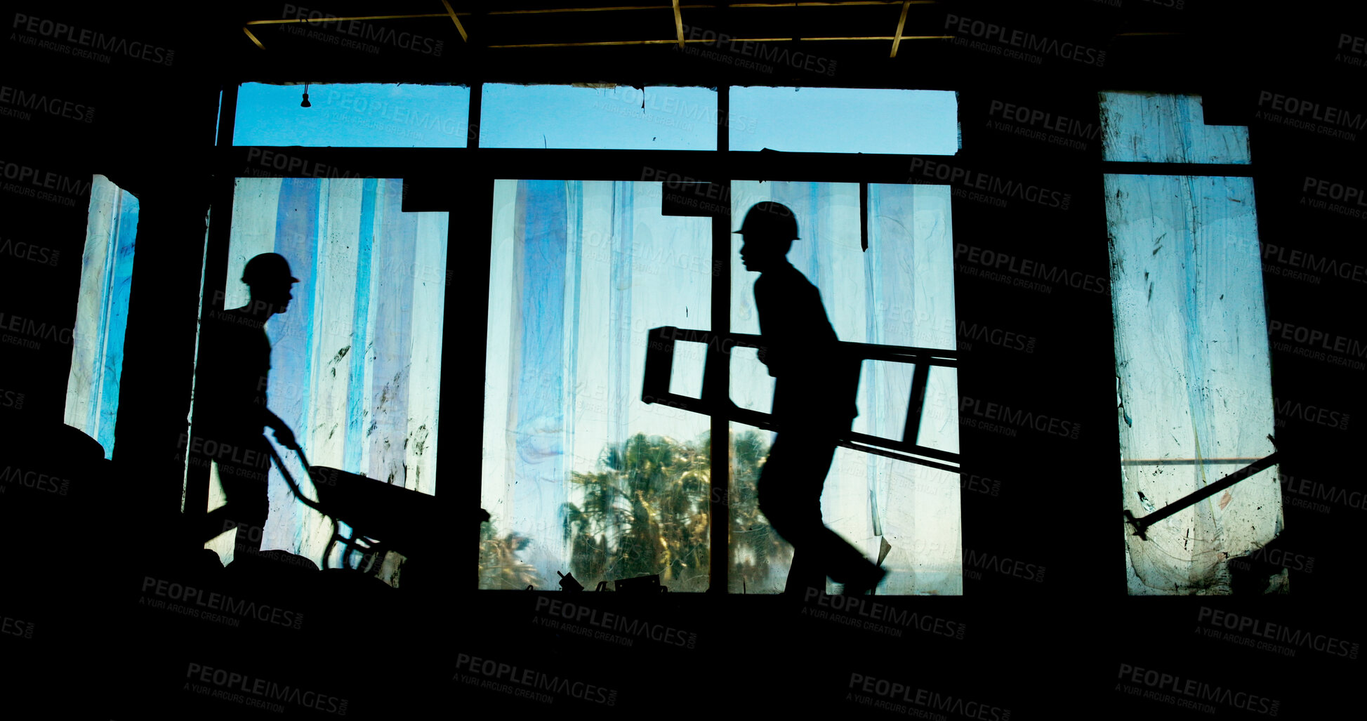 Buy stock photo People, ladder or silhouette on construction site for urban development, engineering or renovation. Industry team, shadow or building project with cooperation, process or architecture with tools and 