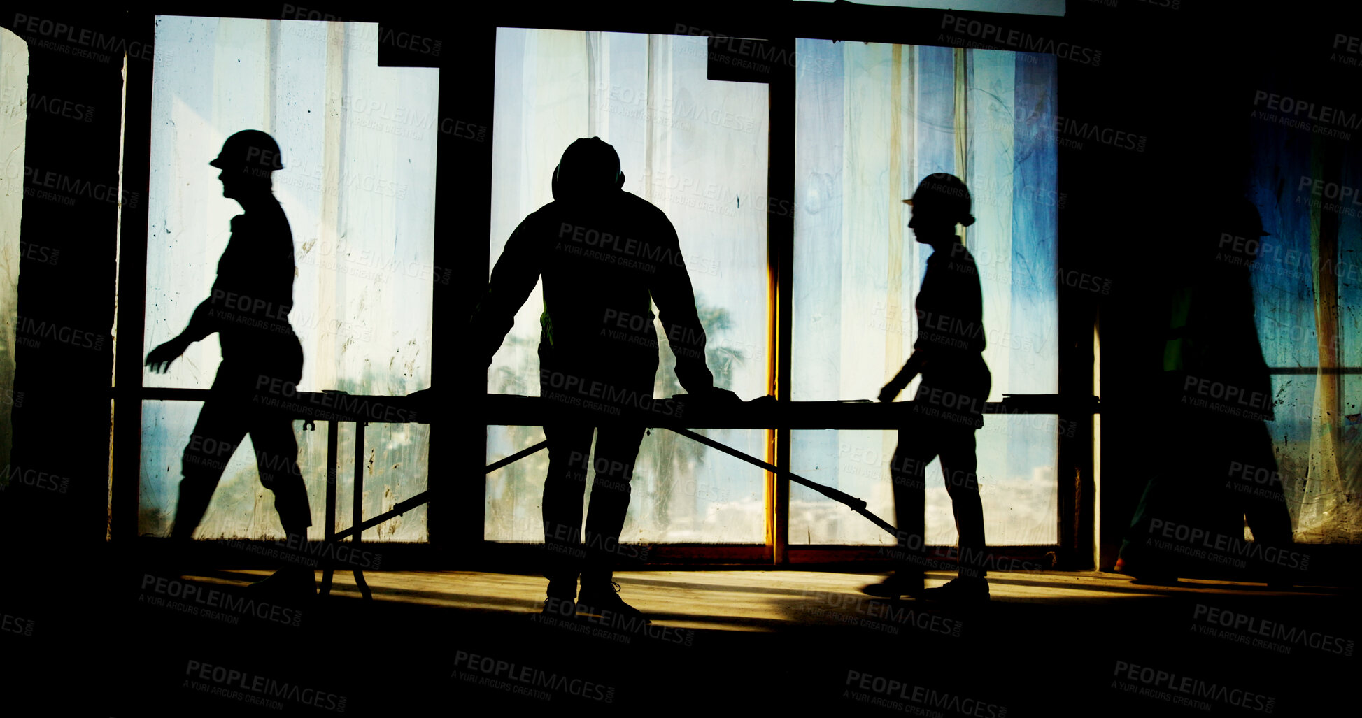 Buy stock photo Silhouette, workers and architect with blueprint on site for building inspection, property development and compliance. Construction, contractor and reading floor design for remodeling or safety check