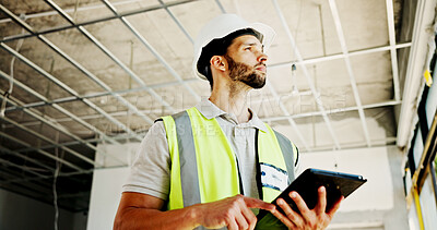 Buy stock photo Construction site, thinking and man with tablet, engineering and network with online schedule. Person, architecture and employee with hard hat, technology and connection with digital app and network