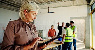 Buy stock photo Construction site, typing and woman with tablet, engineering and inspector with online schedule. Mature person, architecture and employee with hard hat, technology and connection with app or planning