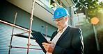 Construction site, thinking and man with tablet, typing and network with online schedule. Mature person, architecture and employee with hard hat, tech and connection with app and building development