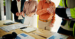 Engineering, closeup and business people with handshake, cooperation and contractor. Employees, architecture and coworking with deal, collaboration and planning for building project and partnership
