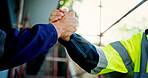 Engineering, closeup and business people with secret handshake, partnership and contractor. Employees, architecture and coworking with thank you, greeting and planning for building project and deal