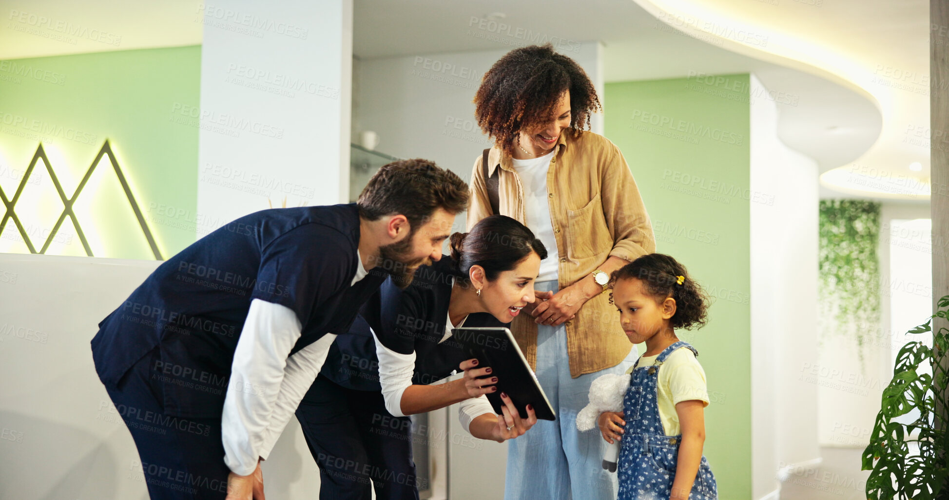 Buy stock photo Dentist, tablet and kid in waiting room of clinic for consultation, appointment and medical service. Healthcare, online and people with girl for teeth cleaning, oral care and dental hygiene in lobby