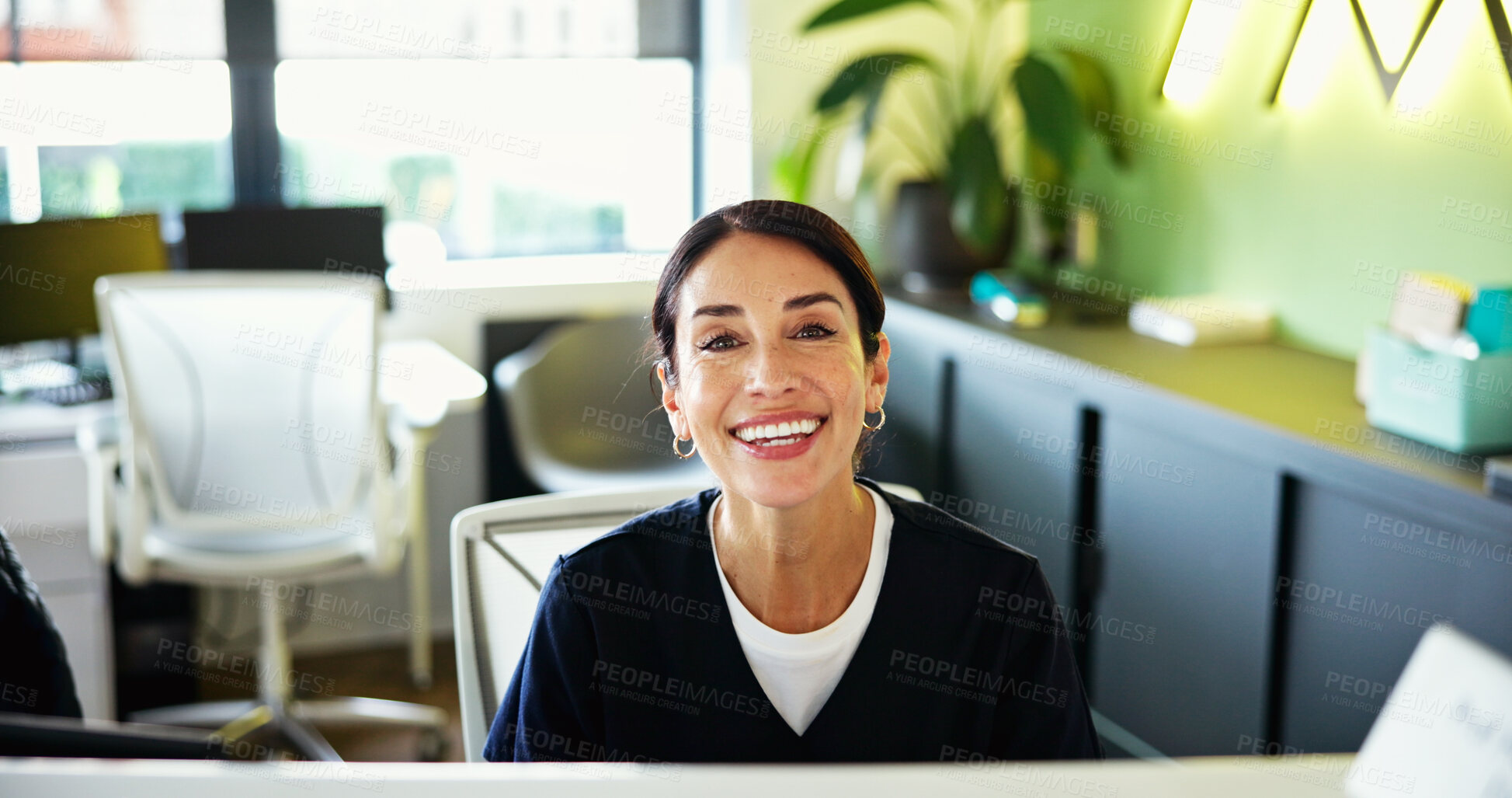 Buy stock photo Clinic, receptionist and portrait of woman in office for medical service, appointment and administration. Healthcare, happy and dental assistant at front desk for insurance, schedule and information