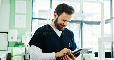 Buy stock photo Clinic, online and dentist with tablet for medical service, appointment schedule and research. Healthcare, hospital and man on digital tech with results for consultation, oral care and dental hygiene