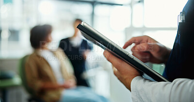 Buy stock photo Clinic, hands and dentist on tablet for medical service, appointment schedule and research. Healthcare, hospital and person on digital tech with results for consultation, oral care and dental hygiene