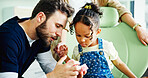 Dentist, mouth model and man with child in clinic for cleaning, dental hygiene and gum wellness. Healthcare, dentistry and young patient with hygienist for consulting, oral care and medical services