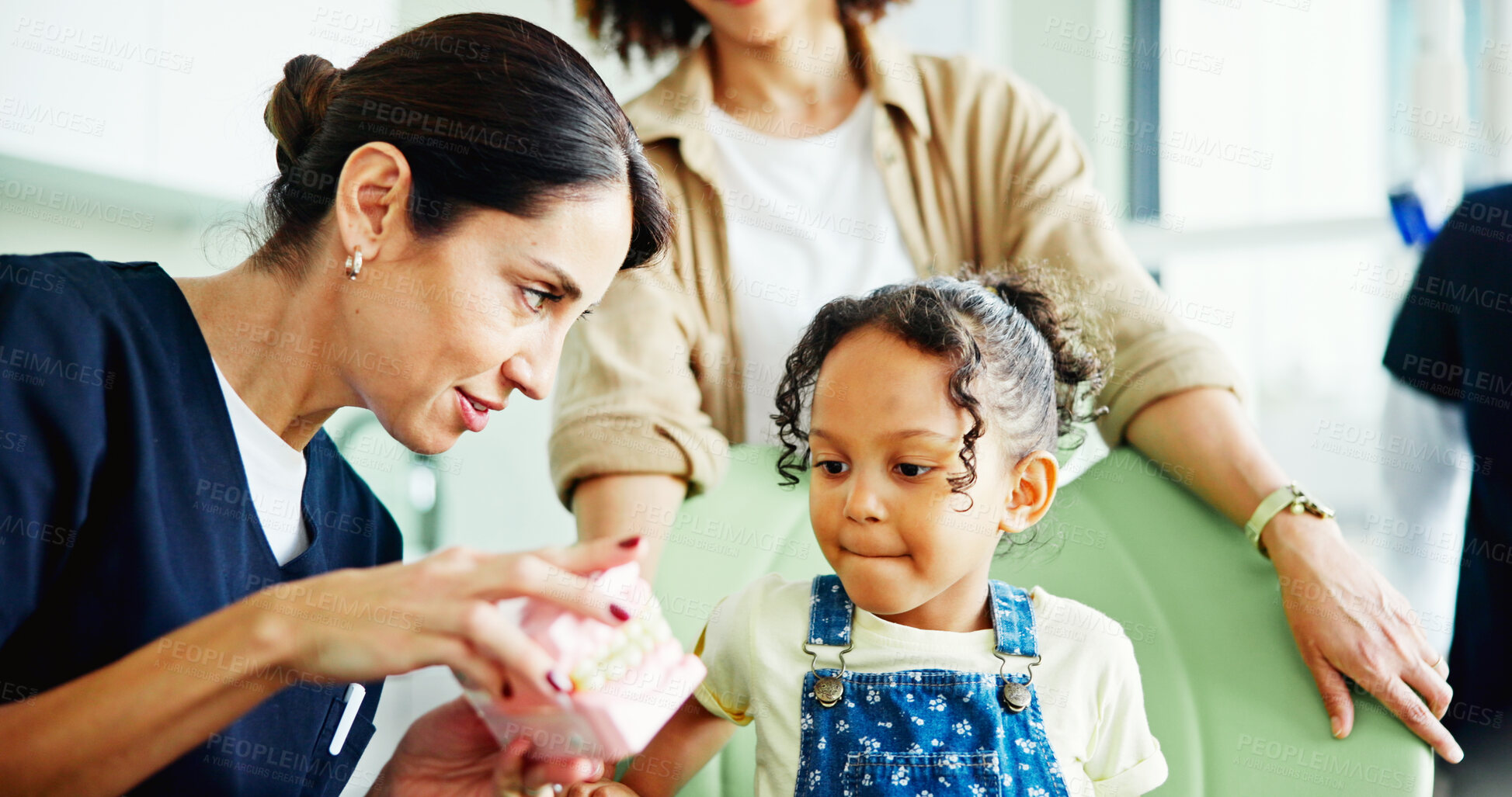 Buy stock photo Dentist, girl and child with advice, model and info with listening, oral care and learning at clinic. Doctor, mother and daughter with presentation, mold or teaching for dental wellness at hospital