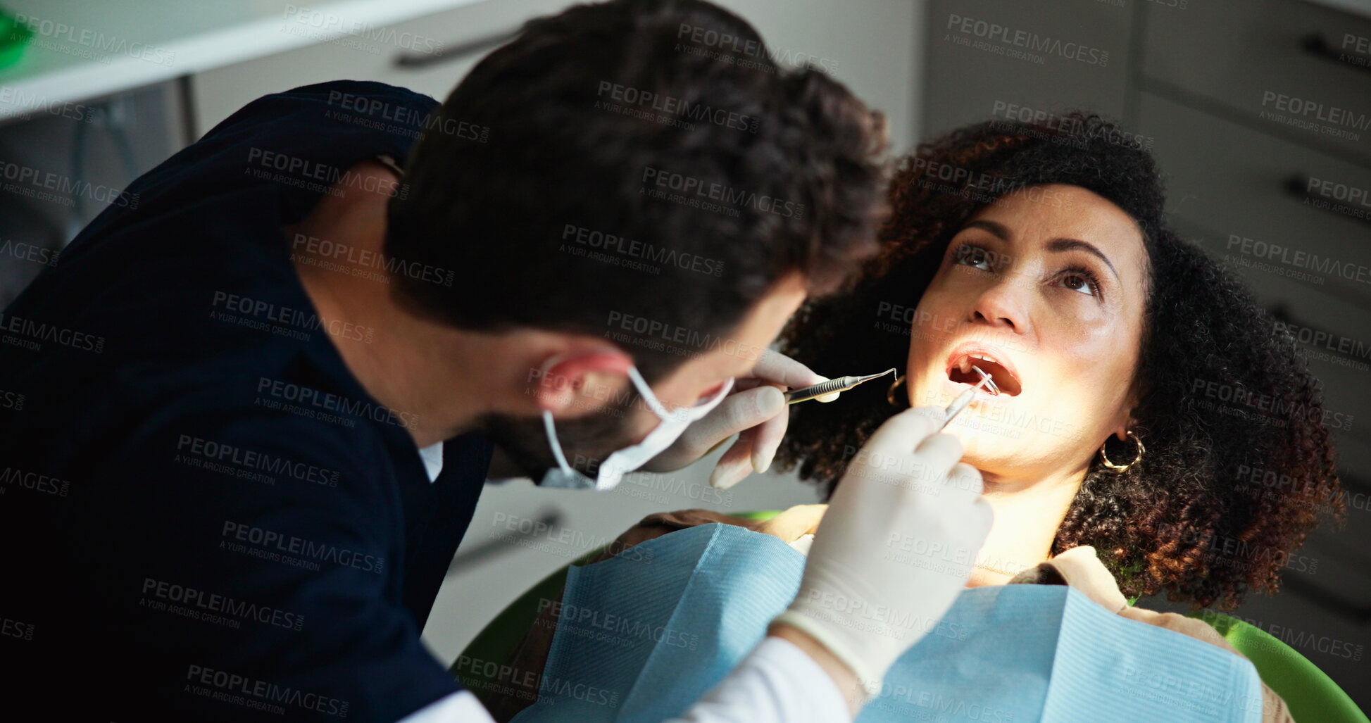 Buy stock photo Mirror, patient mouth and man dentist for clinic procedure, cleaning examination and treatment. People, consultation and hygiene for gum disease prevention, assessment and checkup of cavity with tool