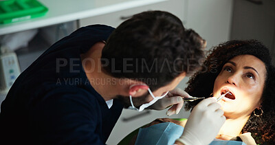 Buy stock photo Mirror, patient and man dentist for clinic procedure, cleaning examination and treatment. People, consultation and hygiene for gum disease prevention, assessment and checkup of cavity with tool