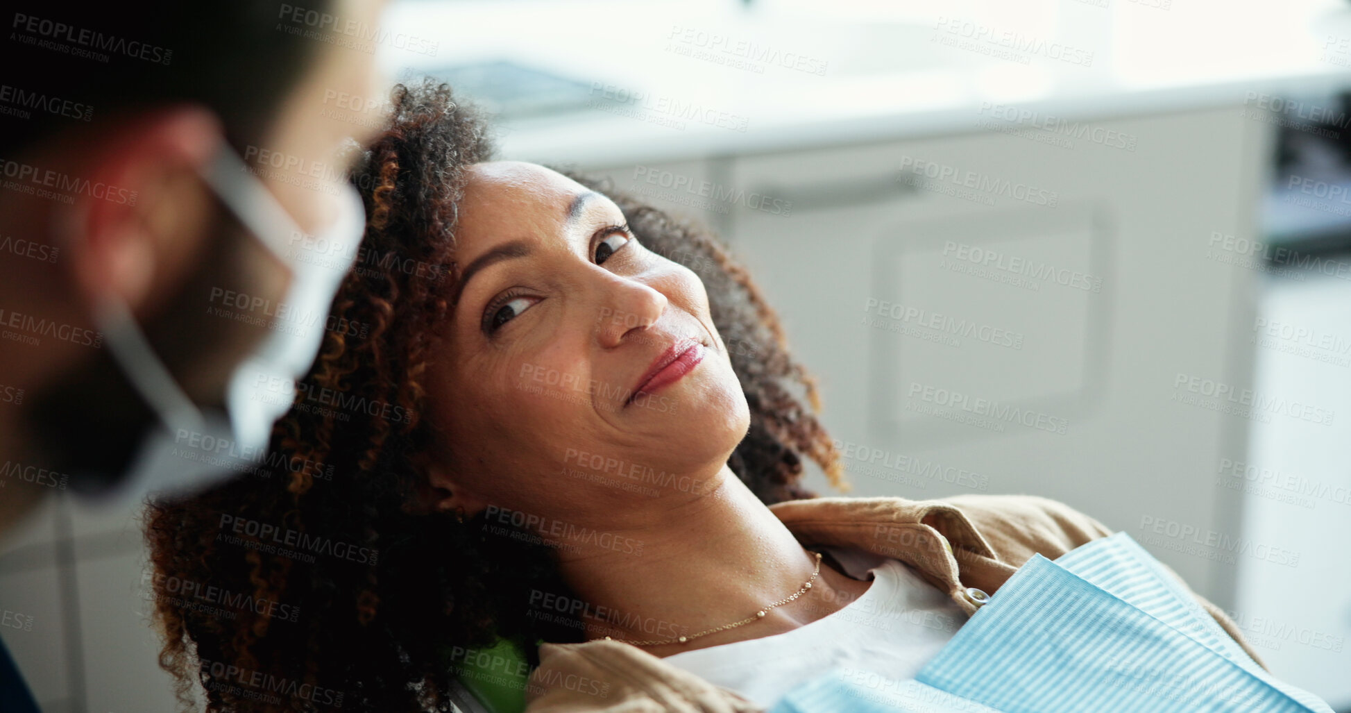 Buy stock photo Dentist, consulting and woman in clinic in chair for toothache, teeth whitening and wellness. Healthcare, dentistry and patient with hygienist for dental hygiene, oral care and medical services