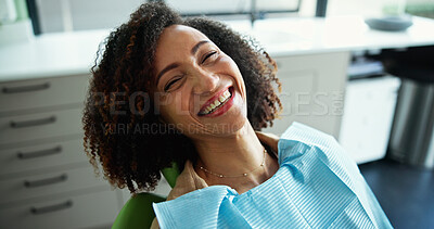 Buy stock photo Dentist, smile and portrait of woman in clinic for consulting, teeth whitening and wellness. Healthcare, dentistry and patient with hygienist for dental hygiene, oral care and medical services