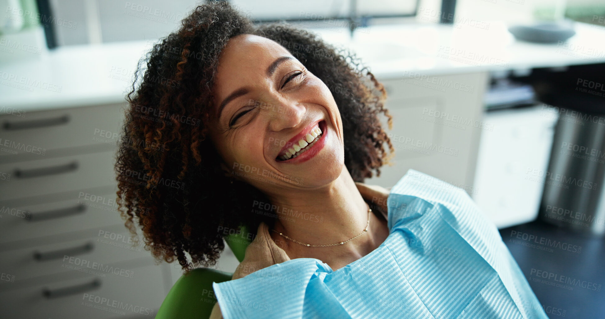 Buy stock photo Dentist, smile and portrait of woman in clinic for consulting, teeth whitening and wellness. Healthcare, dentistry and patient with hygienist for dental hygiene, oral care and medical services