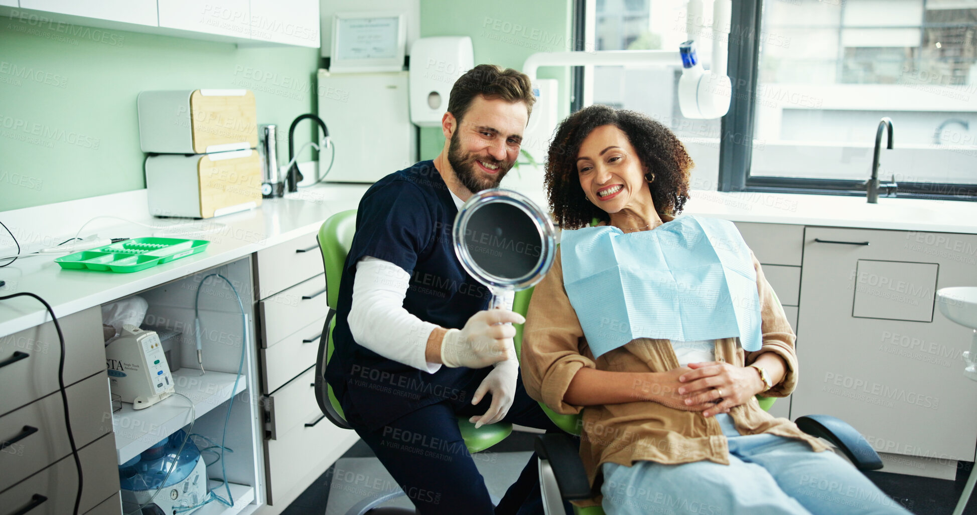 Buy stock photo Dentist, happy and man with woman with mirror for consulting, teeth whitening and wellness. Healthcare, dentistry and patient smile for dental hygiene, oral cleaning and medical services in clinic