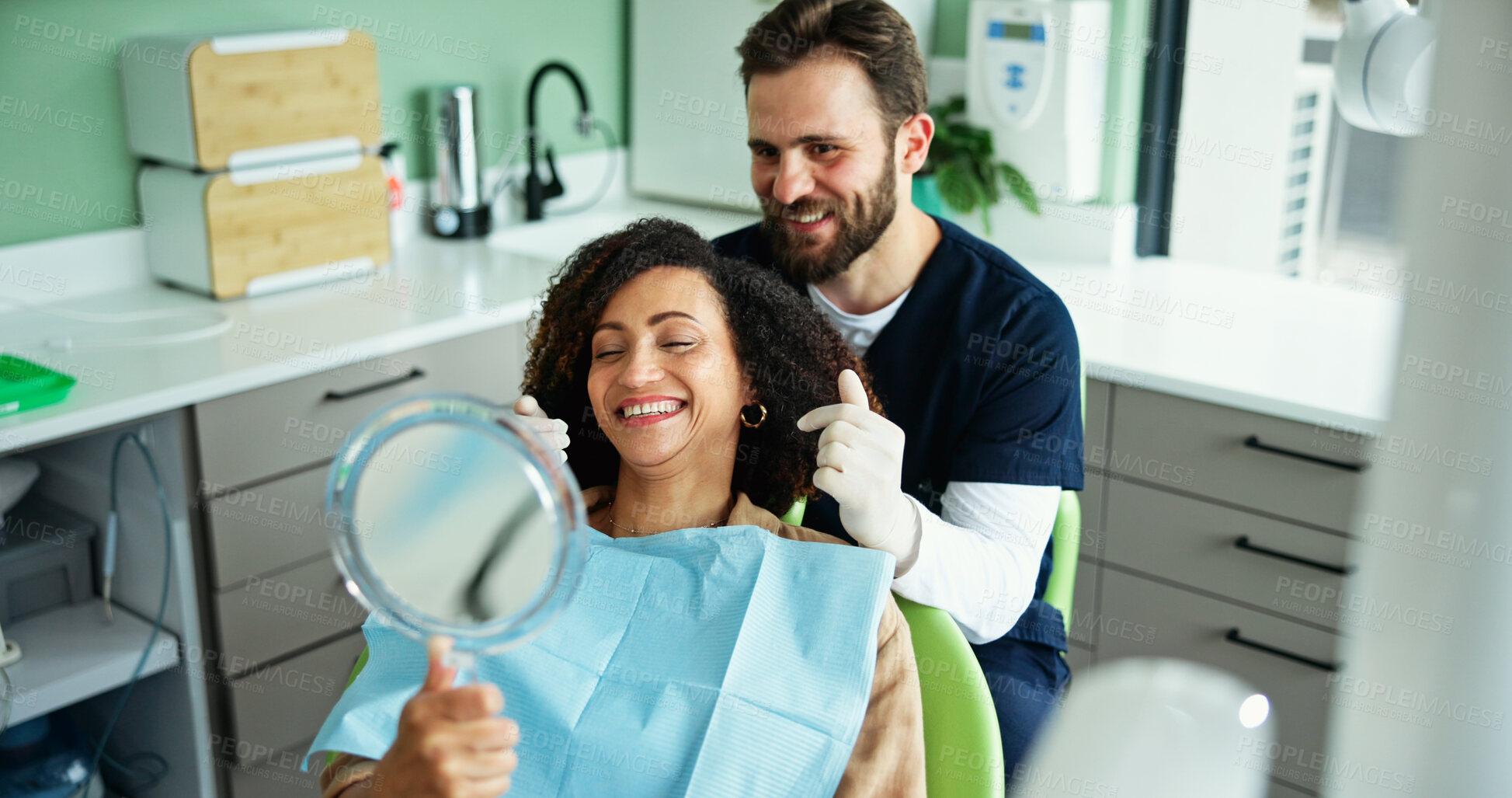 Buy stock photo Clinic, happy and dentist with woman with mirror for consulting, teeth whitening and wellness. Healthcare, dentistry and man with patient smile for dental hygiene, oral cleaning and medical services