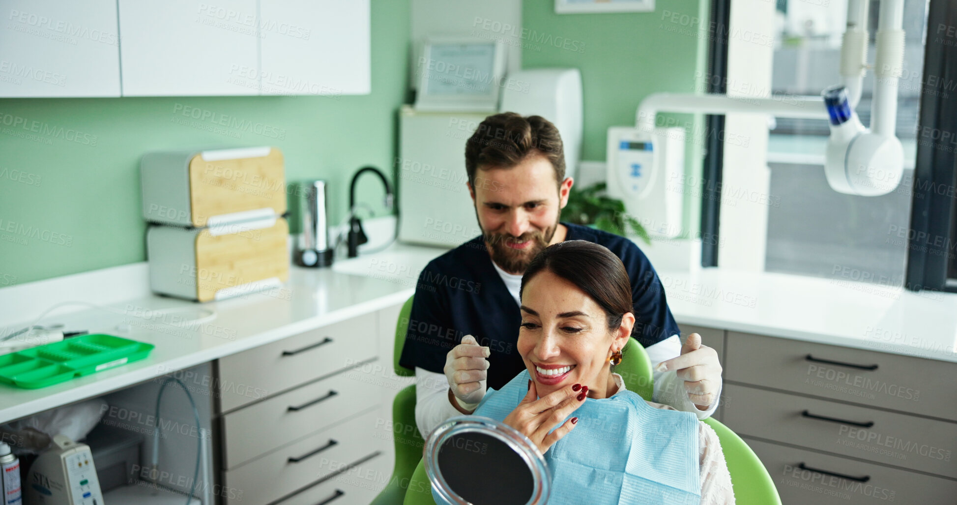 Buy stock photo Happy man, dentist or patient with mirror for dental surgery, teeth cleaning or tooth implant at hospital. Male person, medical worker or orthodontist with client or smile for oral, mouth or gum care