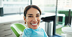 Dentist, happy and portrait of woman for consulting, teeth whitening and wellness. Healthcare, dentistry and patient with hygienist for dental hygiene, oral care and medical services in clinic