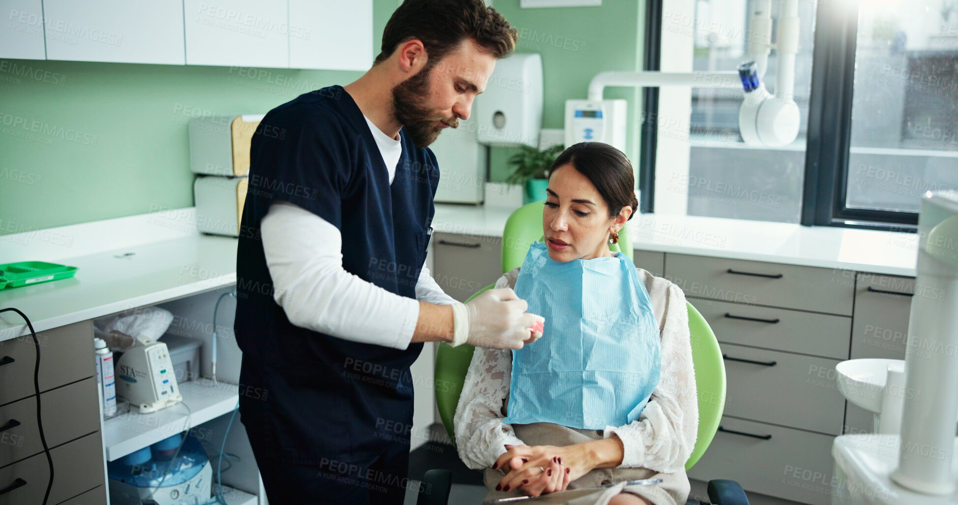 Buy stock photo Dentist, mouth mold and man with woman in clinic for teeth cleaning, dental hygiene and gum wellness. Healthcare, dentistry and patient with hygienist for consulting, oral care and medical service