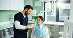 Dentist, mouth model and man with woman in clinic for teeth cleaning, dental hygiene and demonstration. Healthcare, dentistry and patient with hygienist for consulting, oral care and medical service