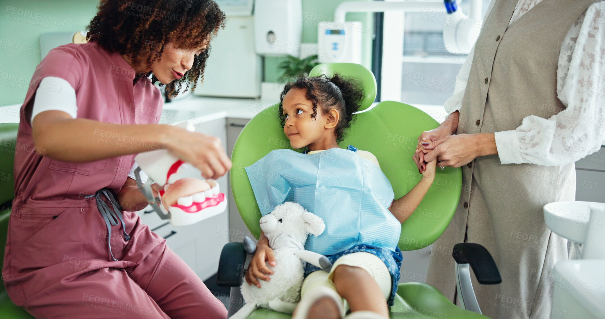 Buy stock photo Dentist, consulting and woman with child in clinic for tooth extraction, cleaning and wellness. Healthcare, dentistry and young patient with model for dental hygiene, oral care and medical services