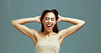 Excited, hair care and woman with beauty in studio, growth and texture for color on background. Hairstyle, makeup and model in cosmetics for hairdresser treatment, aesthetic and laughing at salon