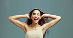 Excited, hair care and portrait of woman with beauty in studio, growth and texture on background. Hairstyle, face and model in makeup cosmetics for keratin treatment, aesthetic and laughing at salon