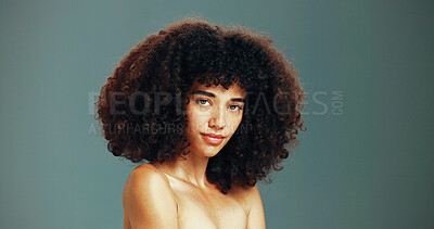 Buy stock photo Portrait, afro growth or girl with hair care, beauty and treatment for wellness or health. Shine, shampoo or confident model woman with face, volume or natural texture on studio background in Brazil