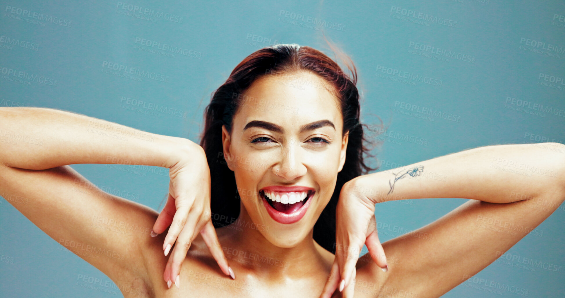 Buy stock photo Excited, skincare and portrait of woman with beauty, glow and shine on blue studio background. Face, happy and confident model in makeup cosmetics for dermatology, aesthetic or spa facial treatment