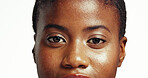 Studio, portrait and skincare for woman, glow and treatment for antiaging, confident and cosmetics for shine. White background, smooth and dermatology for exfoliation of skin, proud and black person