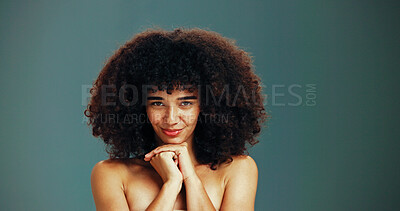 Buy stock photo Portrait, proud and woman with afro hair care, studio and treatment for wellness and health. Face, growth or confident girl model with beauty, volume and natural texture on green background in Brazil