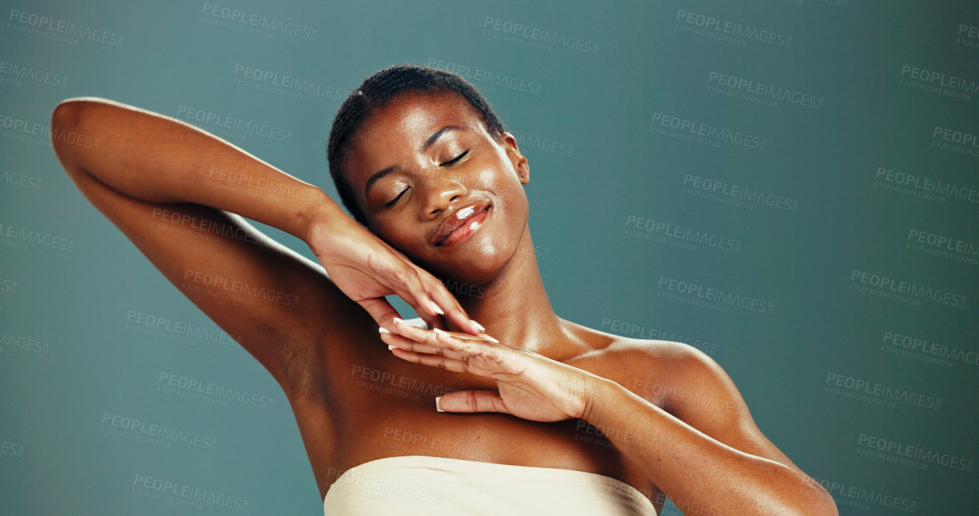 Buy stock photo Relax, studio and skincare for woman, smile and treatment for antiaging, shine and benefits for glow. Green background, happy and dermatology for black person, moisture and healthy skin in space