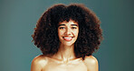 Portrait, haircare and woman with afro, studio and treatment for protection of hairstyle or space. Green background, growth and person with healthy hair, happy and texture of hairdo, mockup or Brazil