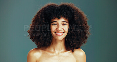 Buy stock photo Portrait, haircare and woman with afro, studio and treatment for protection of hairstyle or space. Green background, growth and person with healthy hair, happy and texture of hairdo, mockup or Brazil