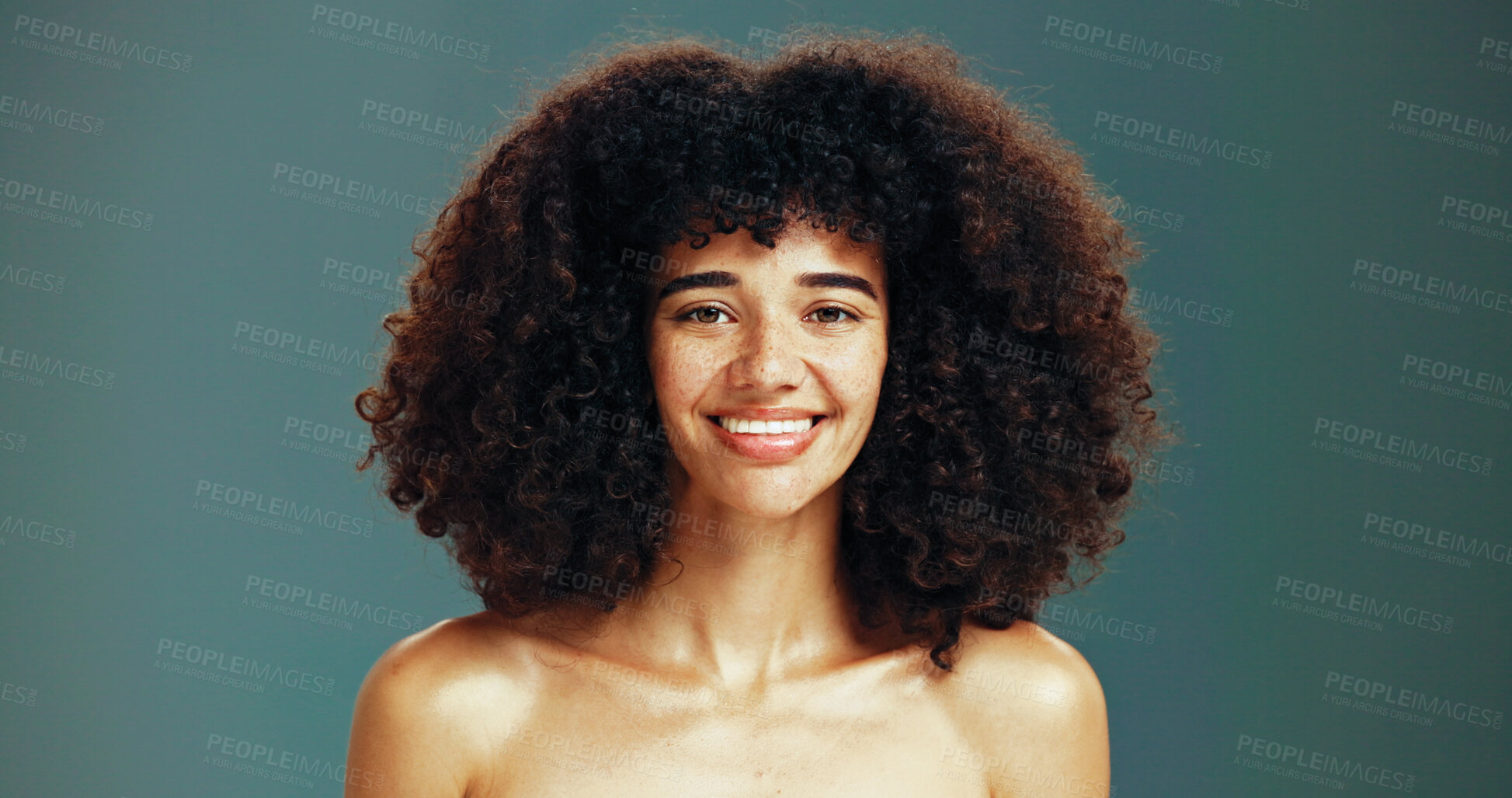 Buy stock photo Portrait, haircare and woman with afro, studio and treatment for protection of hairstyle or space. Green background, growth and person with healthy hair, happy and texture of hairdo, mockup or Brazil