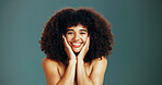 Portrait, beauty and happy woman with afro hair care, studio and treatment for protection and health. Face, growth and girl model with smile, volume and natural texture on green background in Brazil