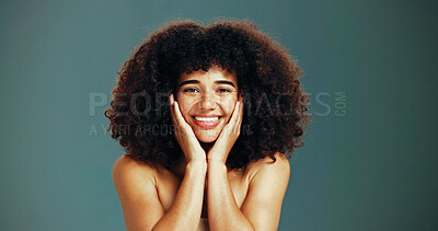 Buy stock photo Portrait, beauty and happy woman with afro hair care, studio and treatment for protection and health. Face, growth and girl model with smile, volume and natural texture on green background in Brazil