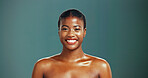 Black woman, portrait and smile for skincare in studio background with pride or satisfied for results. Female person, beauty and glow with confidence for transformation, body care and skin treatment