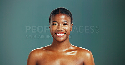 Buy stock photo Black woman, portrait and smile for skincare in studio background with pride or satisfied for results. Female person, beauty and glow with confidence for transformation, body care and skin treatment